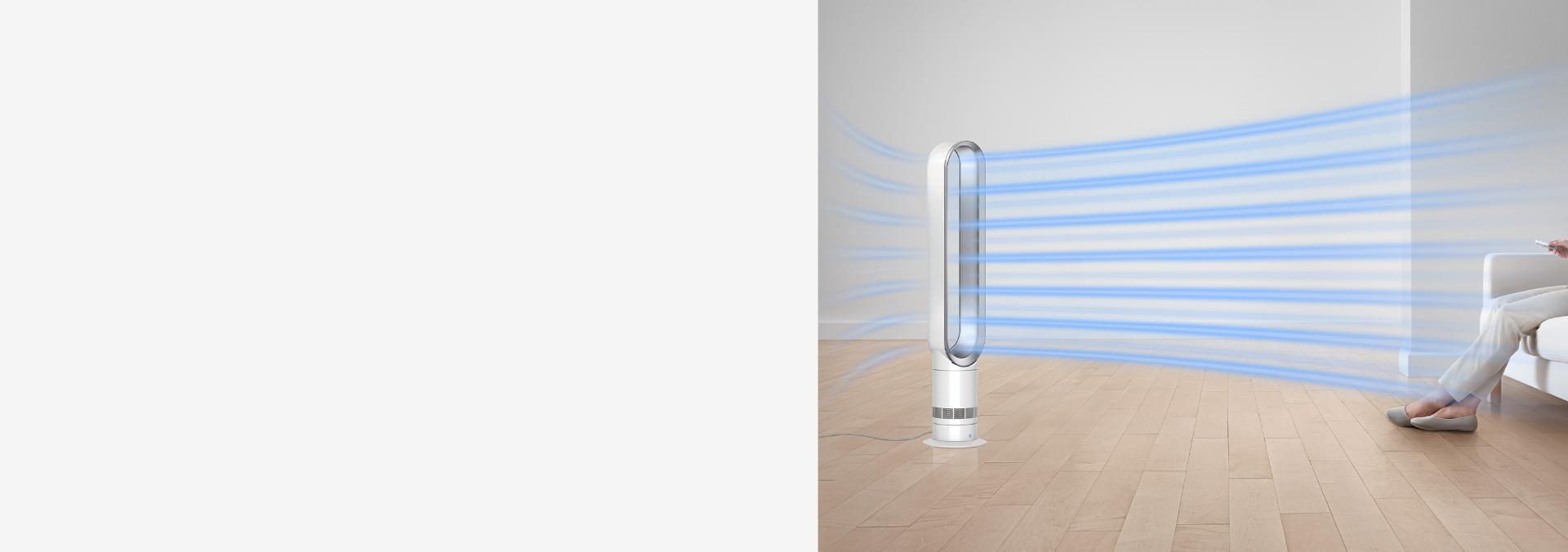 A Dyson fan powerfully cooling a room.