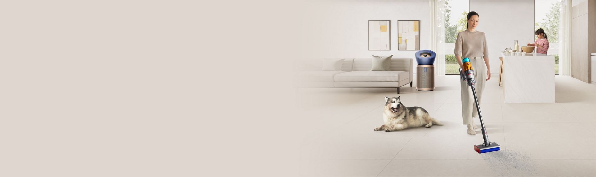 Woman vacuuming the floor with a pet dog and purifier at the background