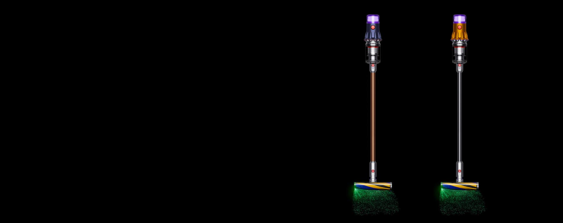 The Dyson V12 Detect Slim emitting a green blade of light from its Fluffy Optic cleaner head.