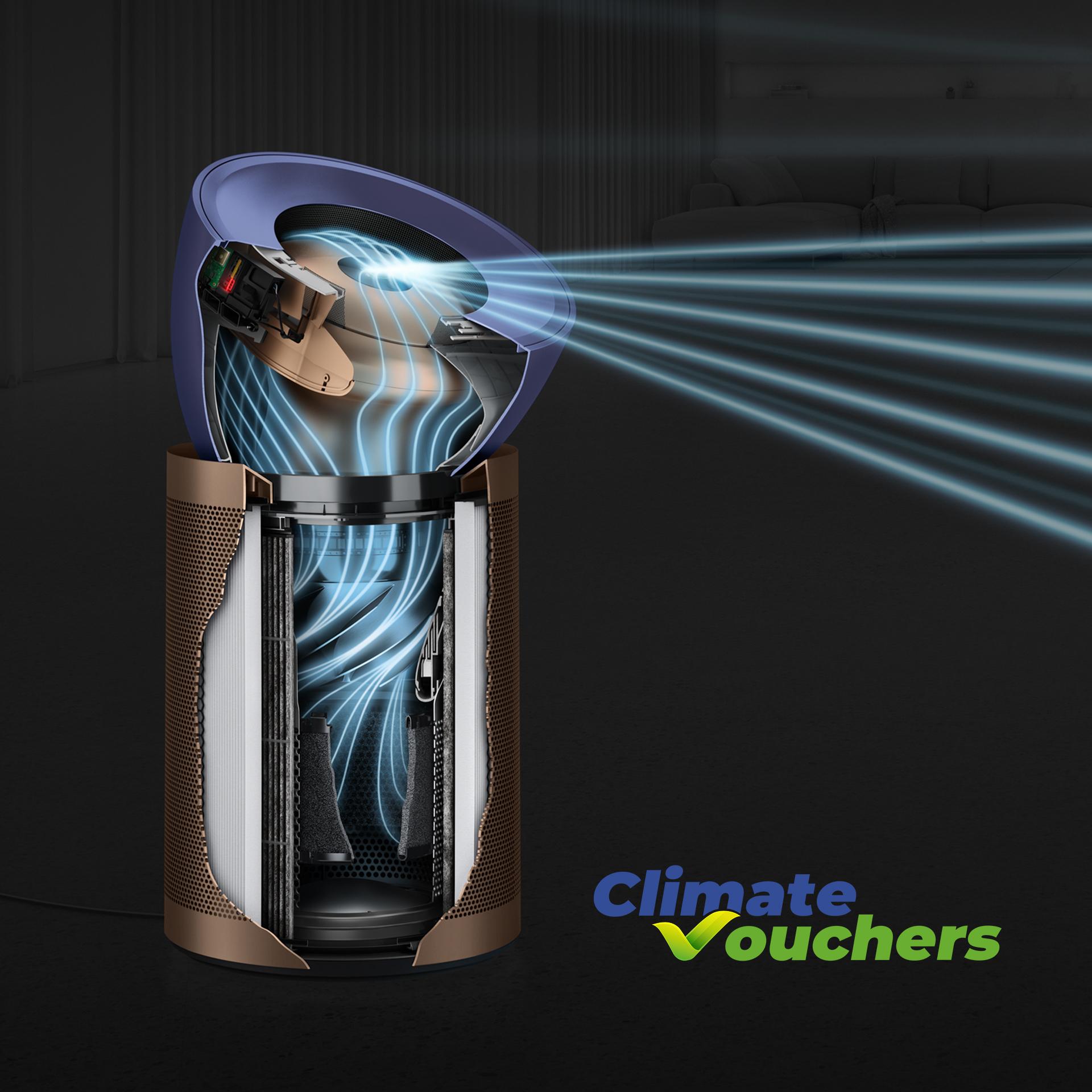 A model using the MyDyson app to monitor their home's air.