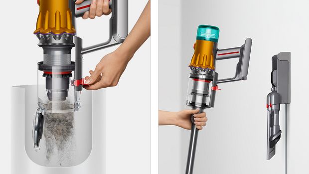 The Dyson V12 Detect Slim vacuum is emptied and placed on the wall-mounted dock after use.