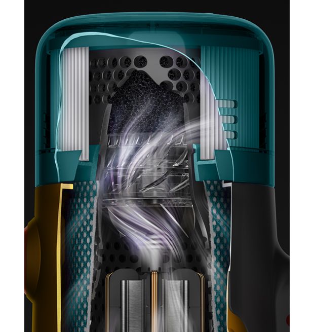 Cutaway showing the filtration technology within the Dyson V12 Detect Slim cordless vacuum.