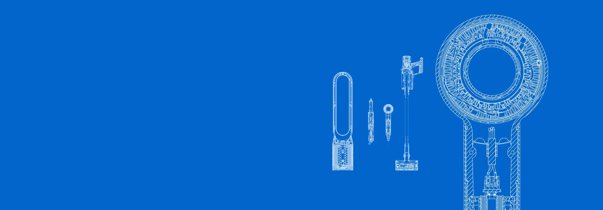 Technical drawings of Dyson vacuum cleaners, fans and purifiers included in the Dyson event deals