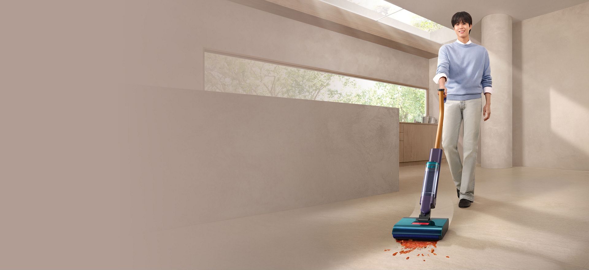 The Dyson Clean+Wash Hygiene hard floor cleaner washing a floor.