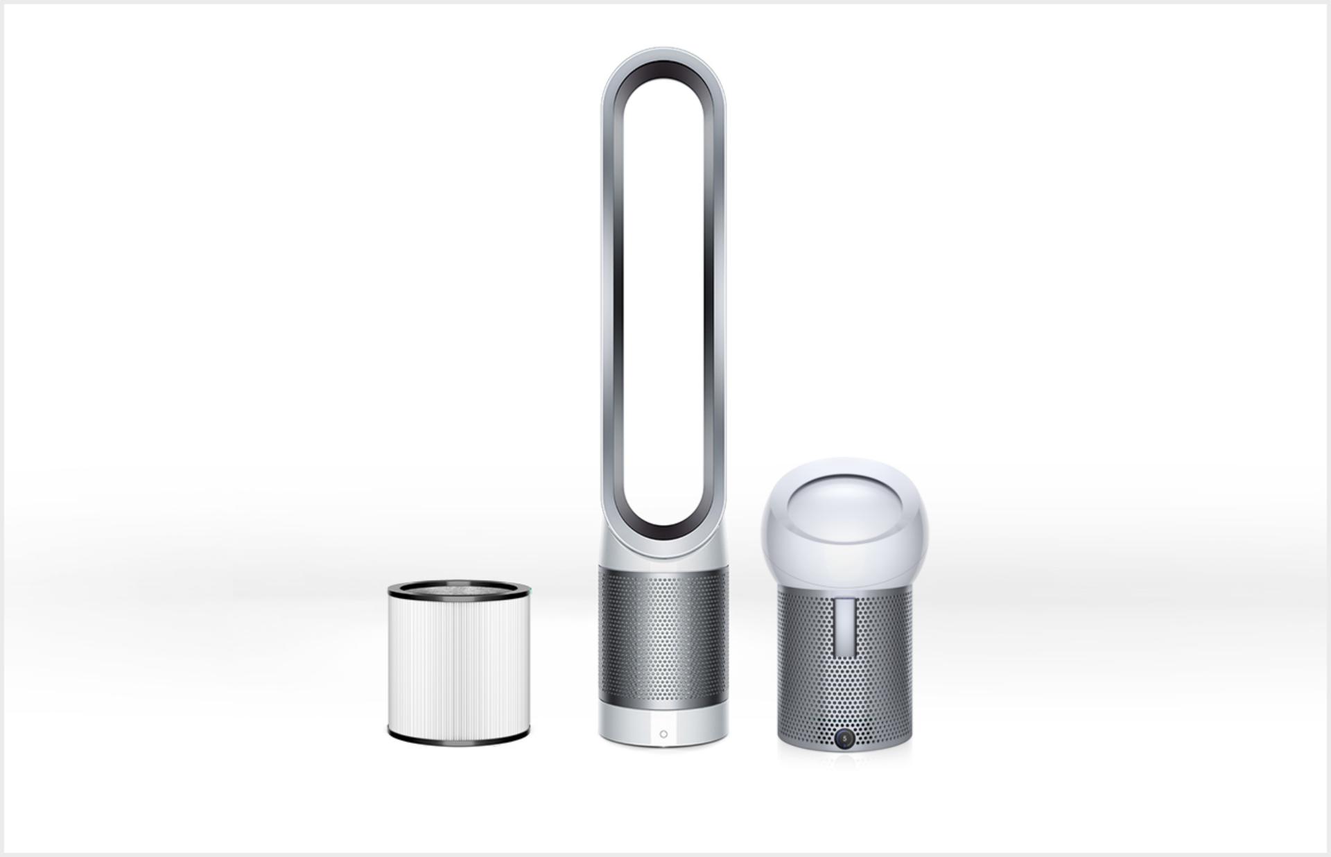 A Dyson purifier range in a row including a filter