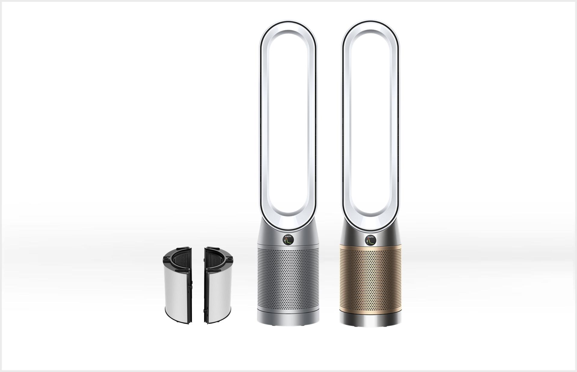 A Dyson purifier range in a row including a filter