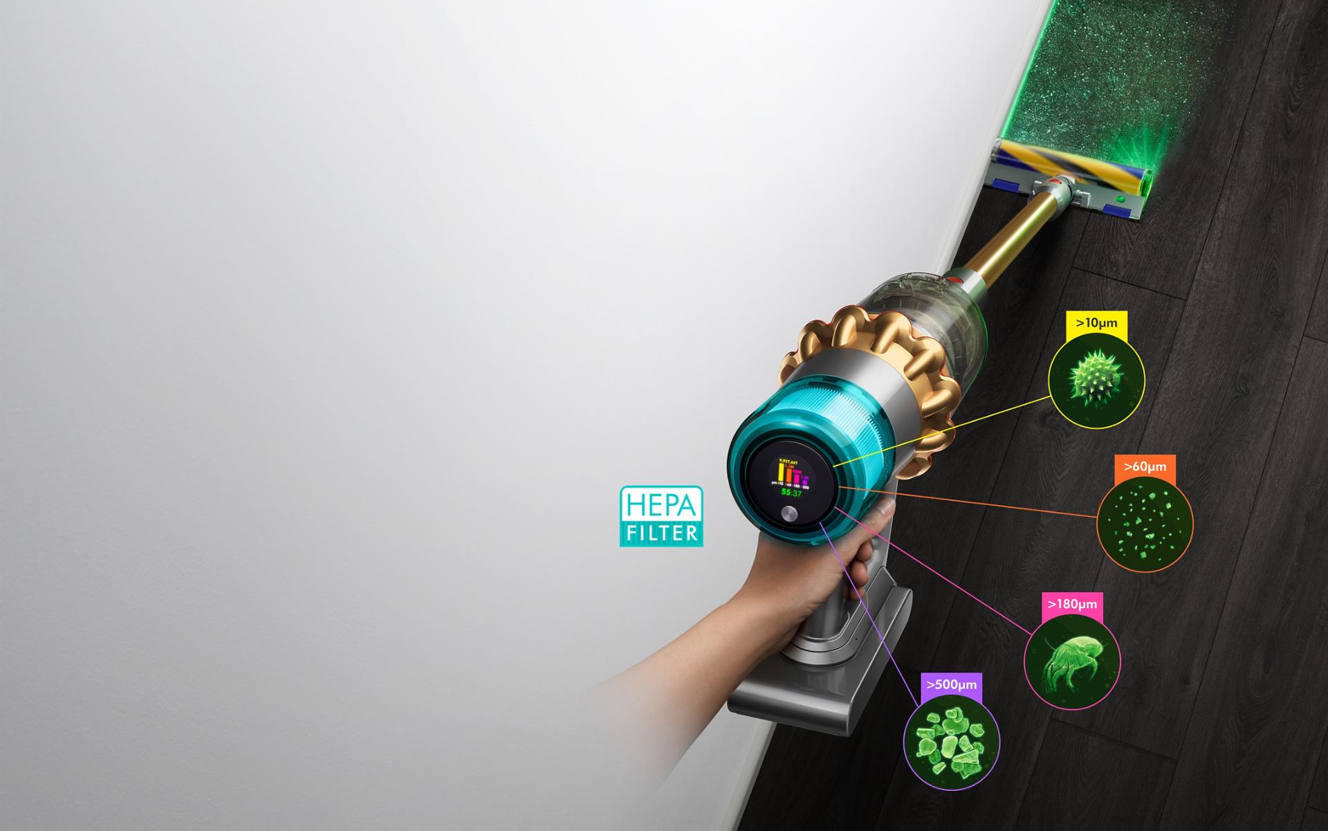 Dyson V15 Detect vacuum with Laser Slim Fluffy cleaner head, showing sizes of dust detected