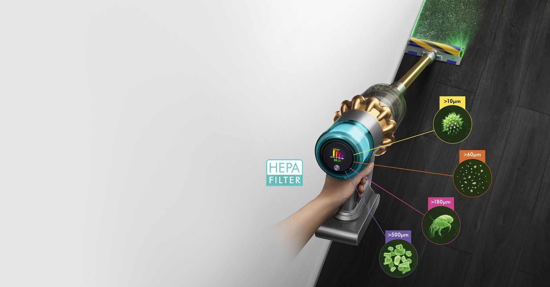 Dyson V15 Detect vacuum with Laser Slim Fluffy cleaner head, showing sizes of dust detected
