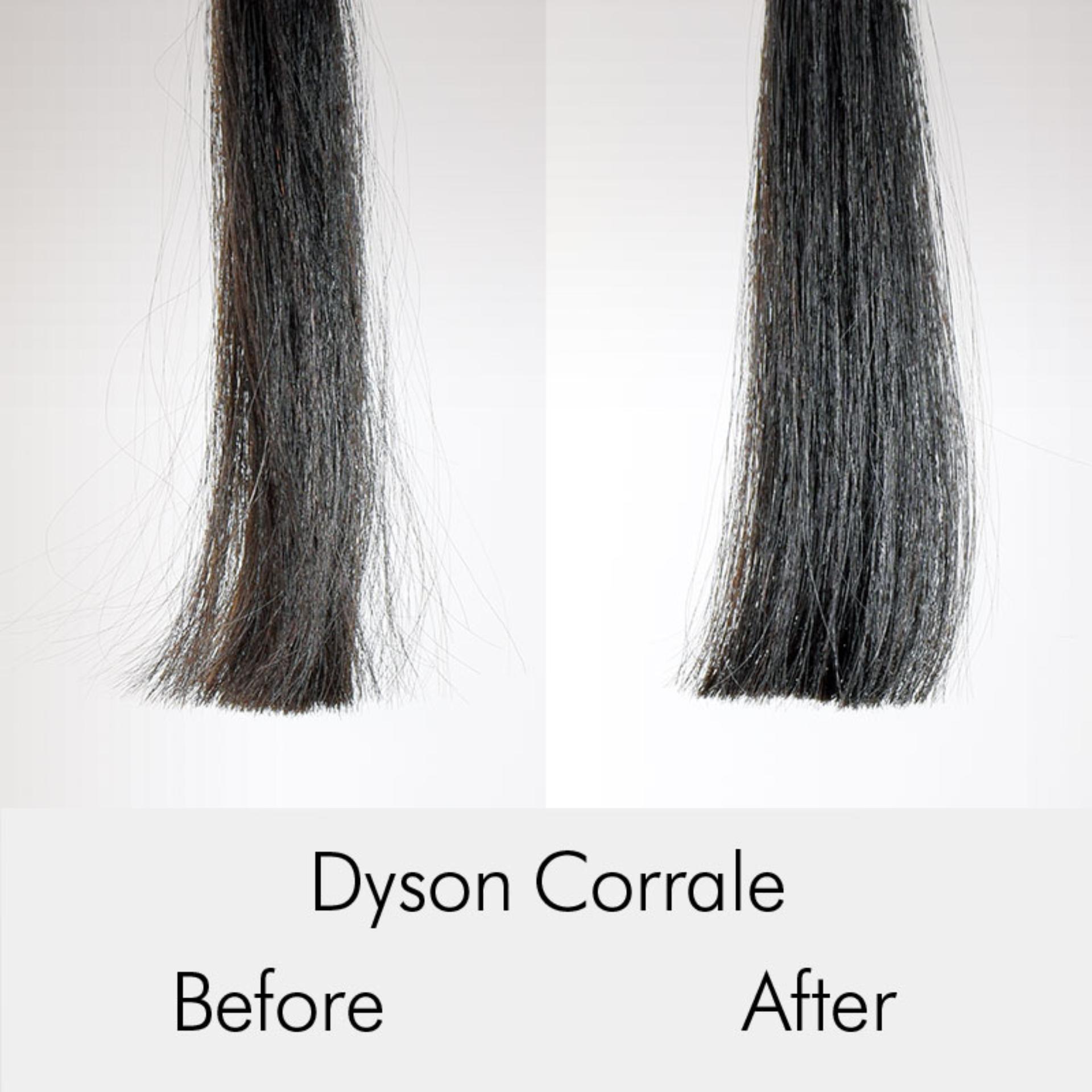 porównanie włosów przed i po użyciu prostownicy Dyson Corrale