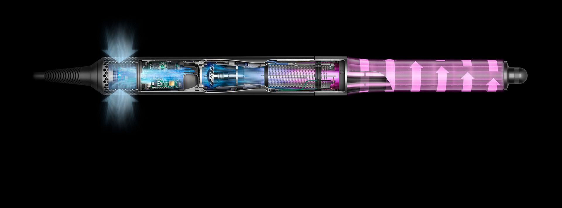 Dyson Airwrap to the left with cutaway on the right showing technology inside the device.