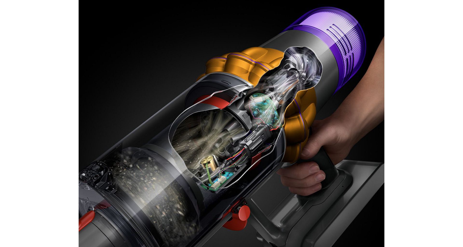 Dyson kablosuz süpürgenin içindeki teknolojiyi gösteren grafik.