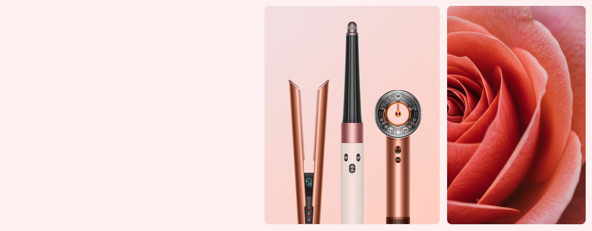 Ceramic pink renginde Dyson Airwrap i.d.™ saç şekillendirme ve kurutma seti yanında açmış bir gül ve saklama kutusu.