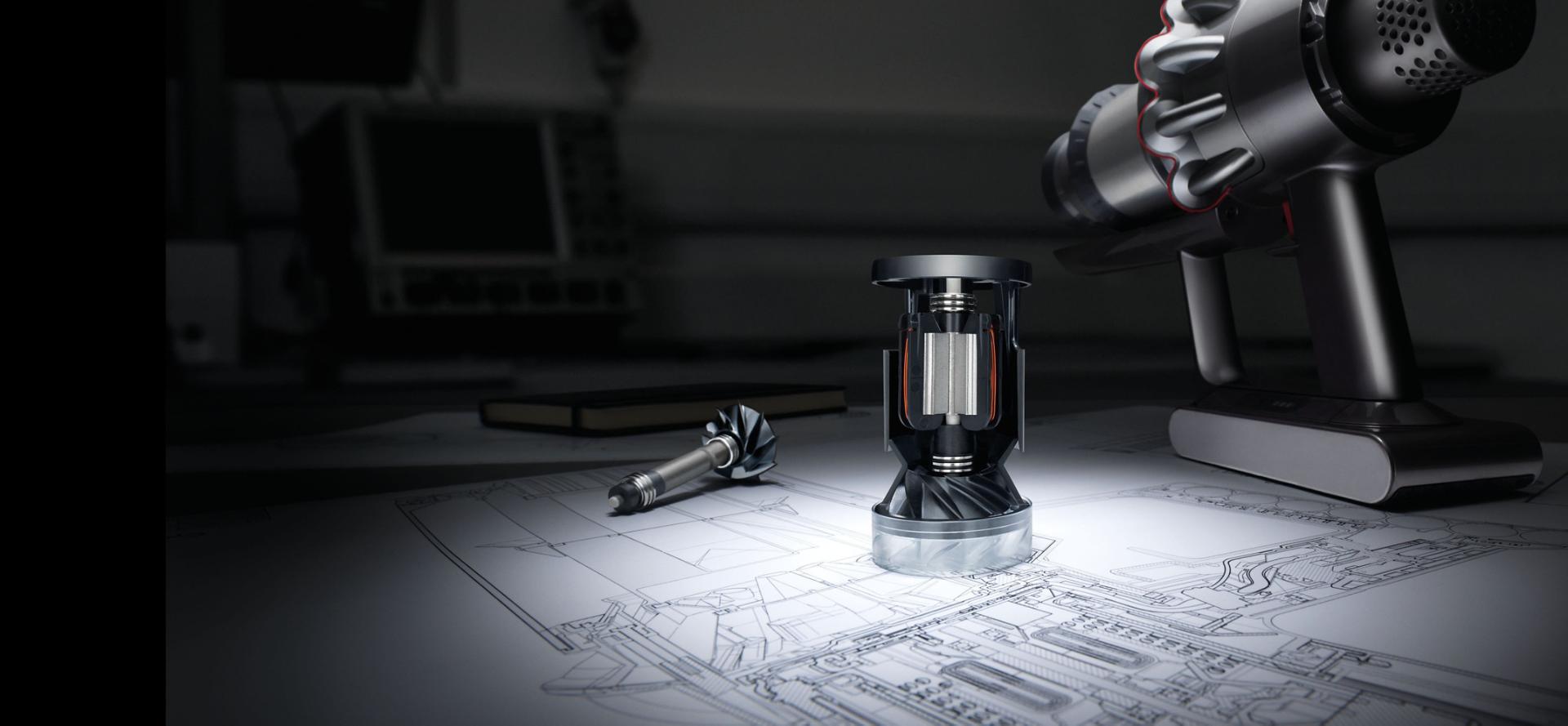 Dyson Cyclone V10™ vacuum cleaner on engineering diagram