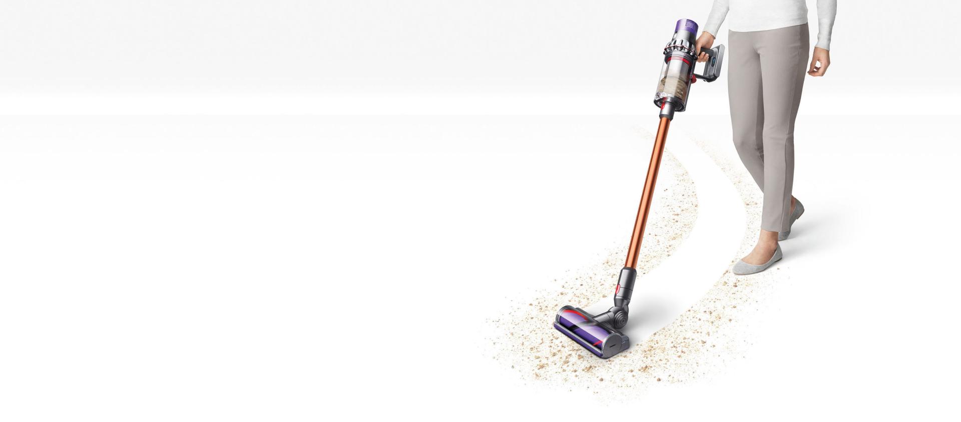 Dyson Cyclone V10™ elektrikli süpürgenin beyaz zemindeki görünümü