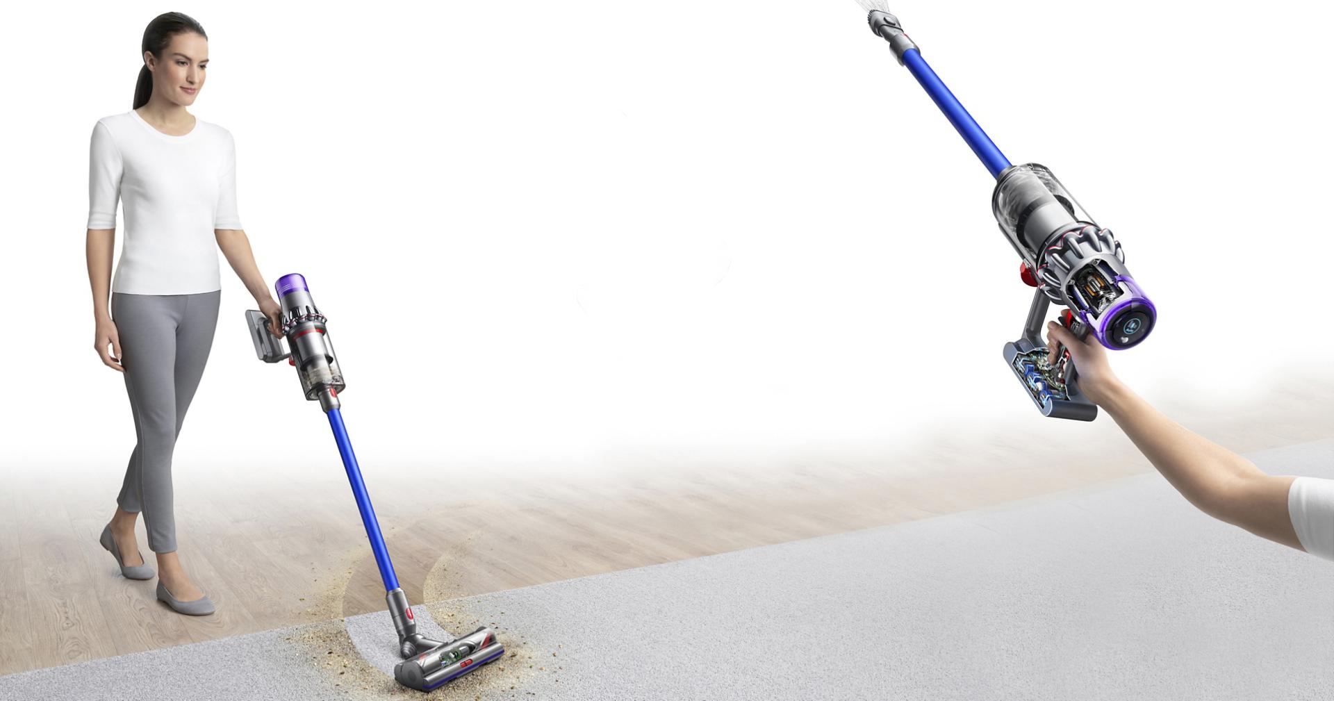 Woman with Dyson V11™ vacuum cleaning floor and ceiling