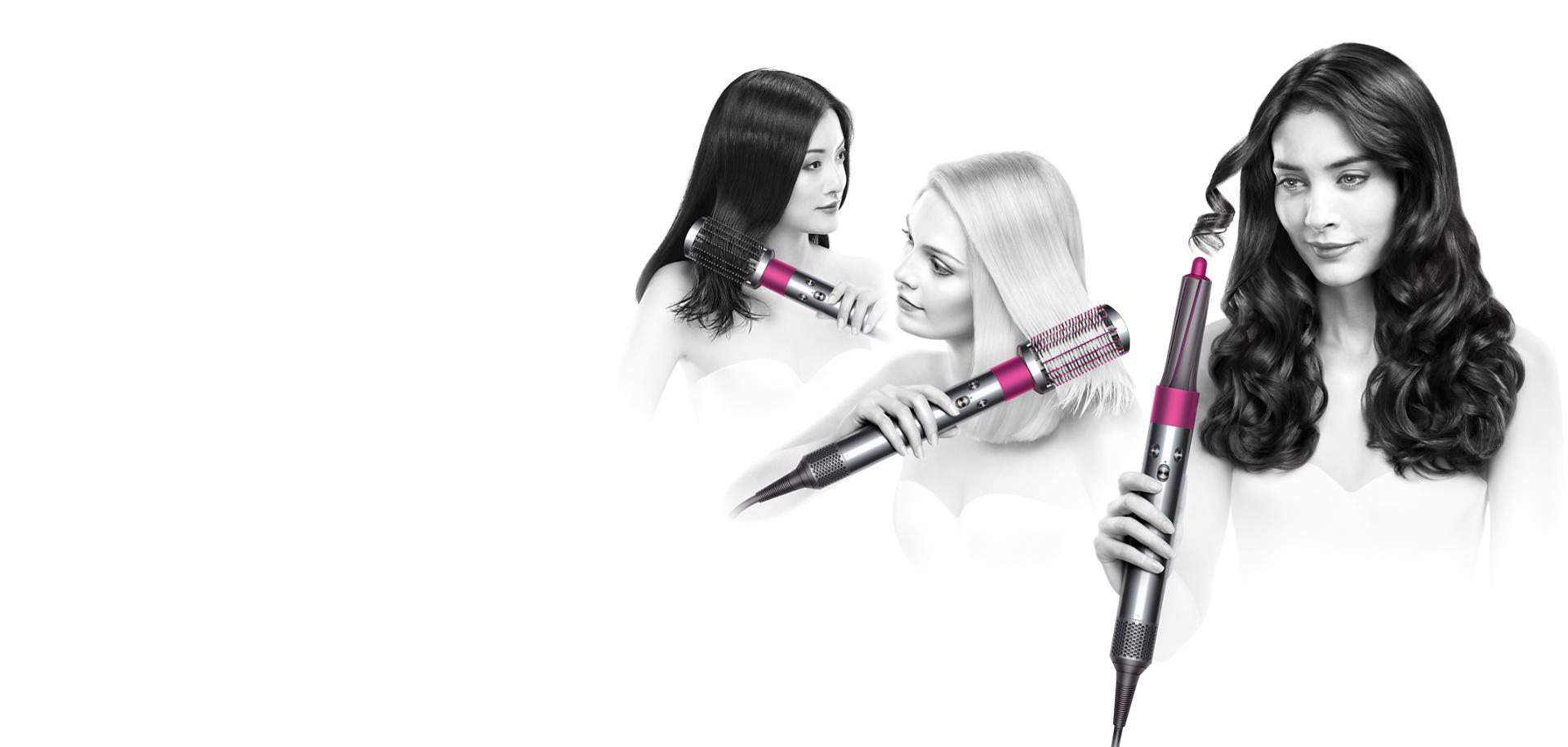 Three models using different Dyson Airwrap™ hair styler attachments
