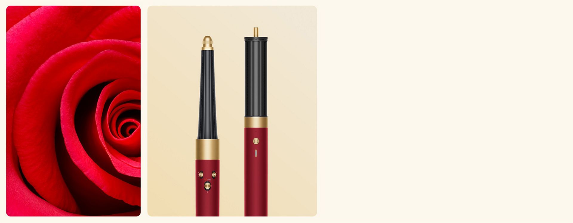 A blooming rose next to the Dyson Airwrap i.d. multi-styler and dryer in Red velvet and gold, and storage case.