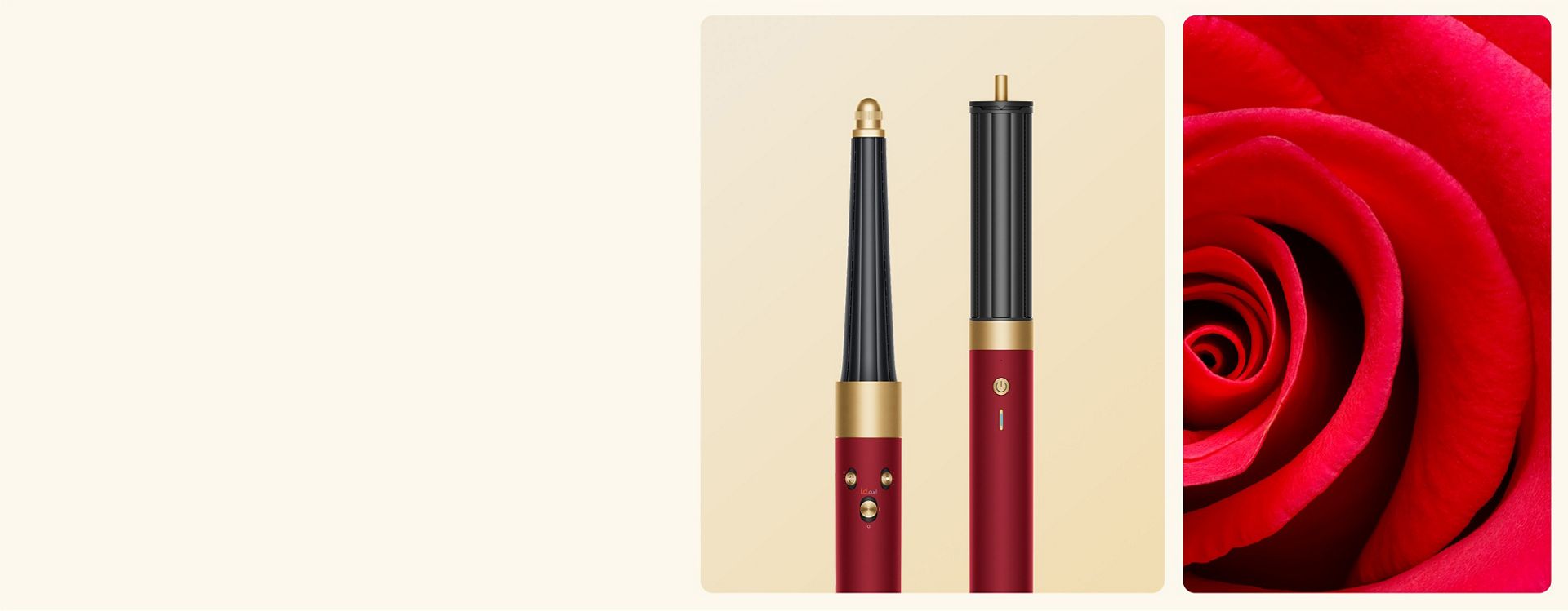 A blooming rose next to the Dyson Airwrap i.d. multi-styler and dryer in Red velvet and gold, and storage case.