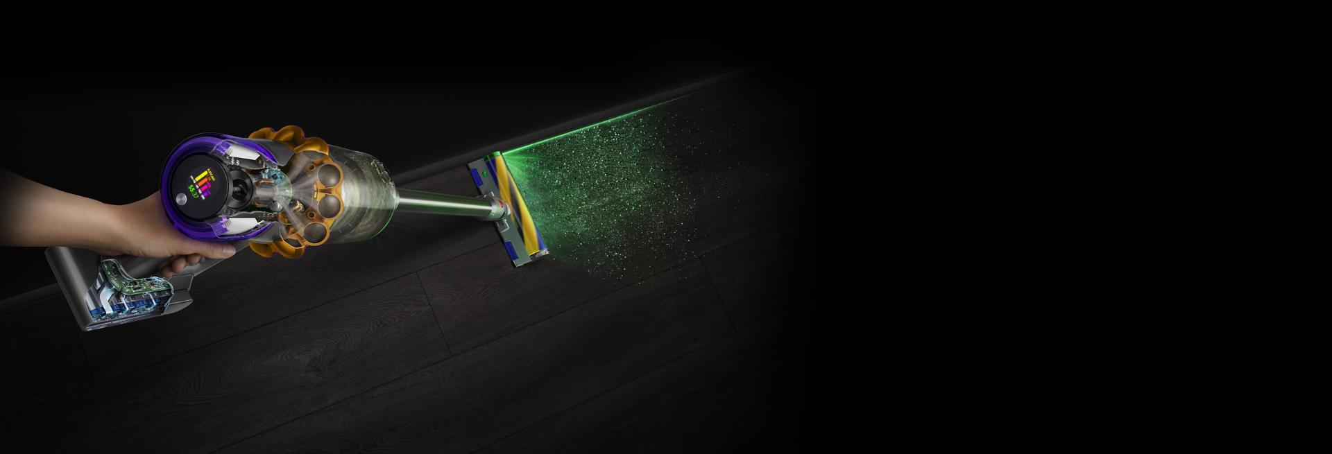 Dyson V15 Detect vacuum with Laser Slim Fluffy cleaner head, showing sizes of dust detected
