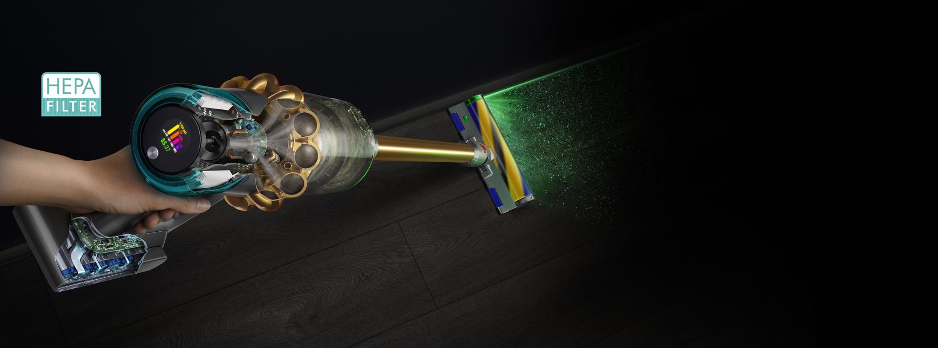 Dyson V15 Detect vacuum with Laser Slim Fluffy cleaner head, showing sizes of dust detected