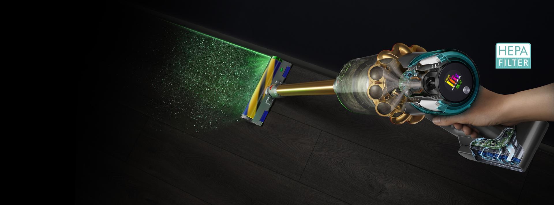 Dyson V15 Detect vacuum with Laser Slim Fluffy cleaner head, showing sizes of dust detected