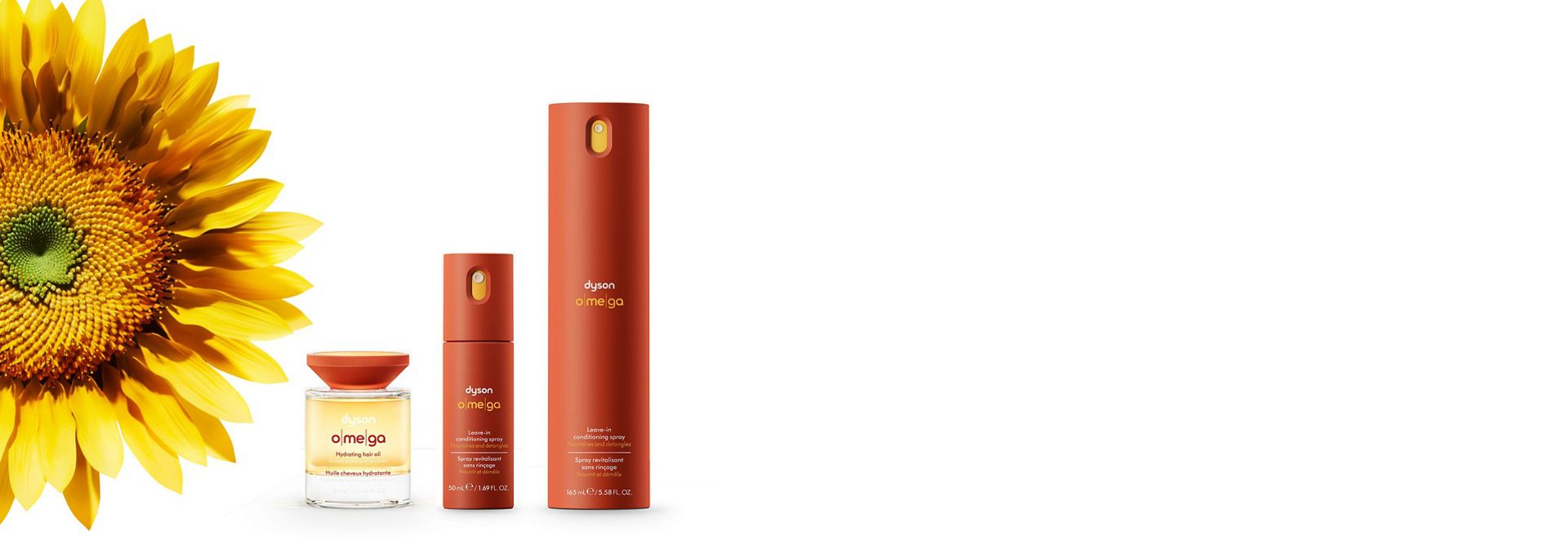 The Dyson Omega nourishing range with a sunflower.
