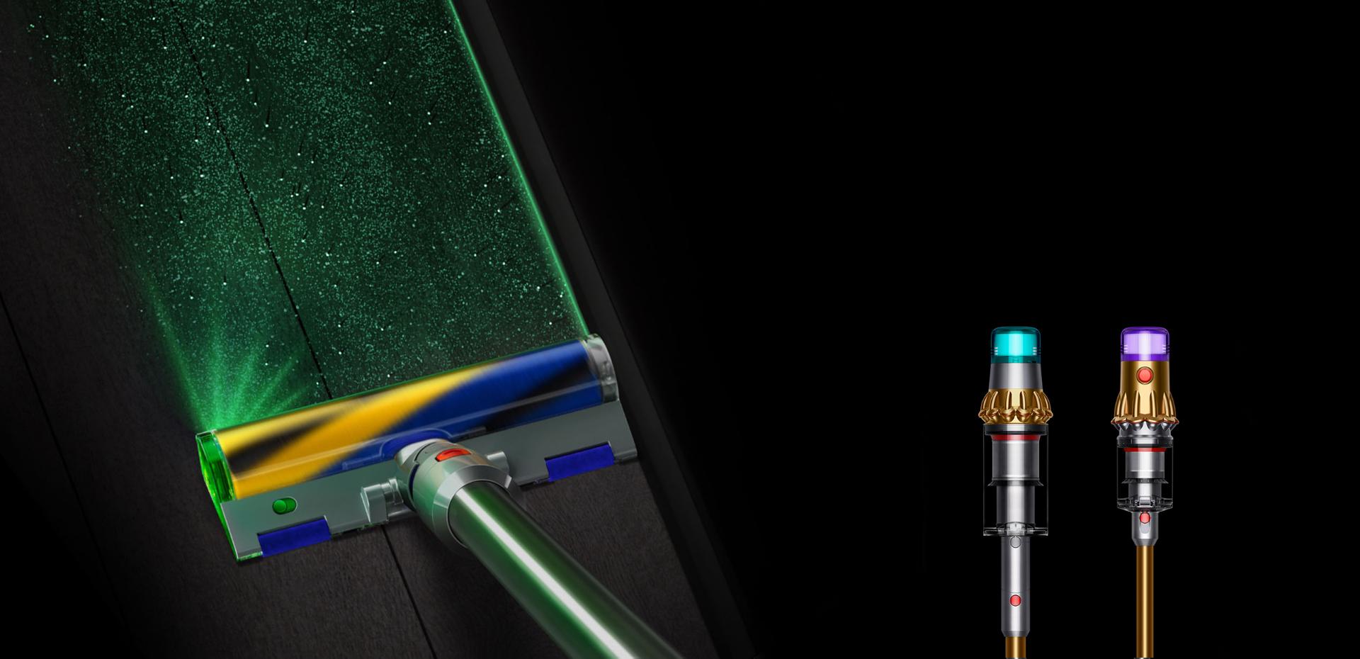 Dyson V15 Detect vacuum with Laser Slim Fluffy cleaner head, showing sizes of dust detected