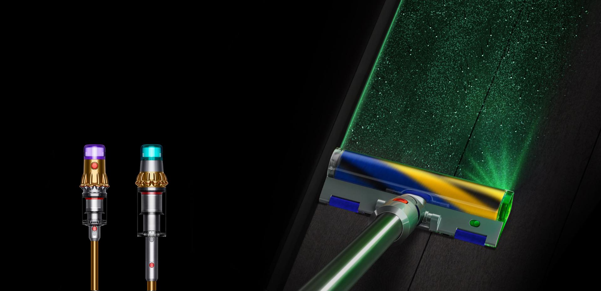 Cacuum with Laser Slim Fluffy cleaner head, showing sizes of dust detected