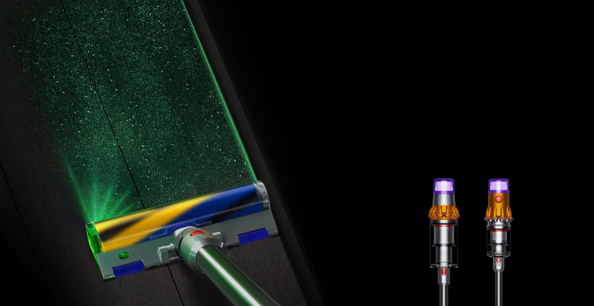 Dyson V15 Detect vacuum with Laser Slim Fluffy cleaner head, showing sizes of dust detected