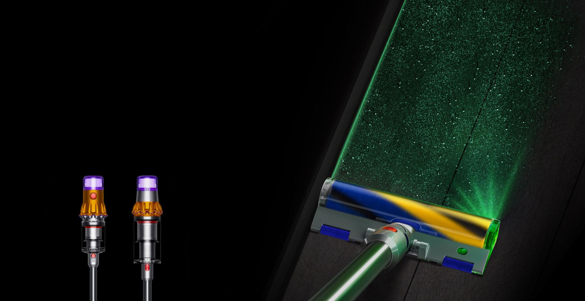 Vacuum with Illuminated cleaner head, showing sizes of dust detected