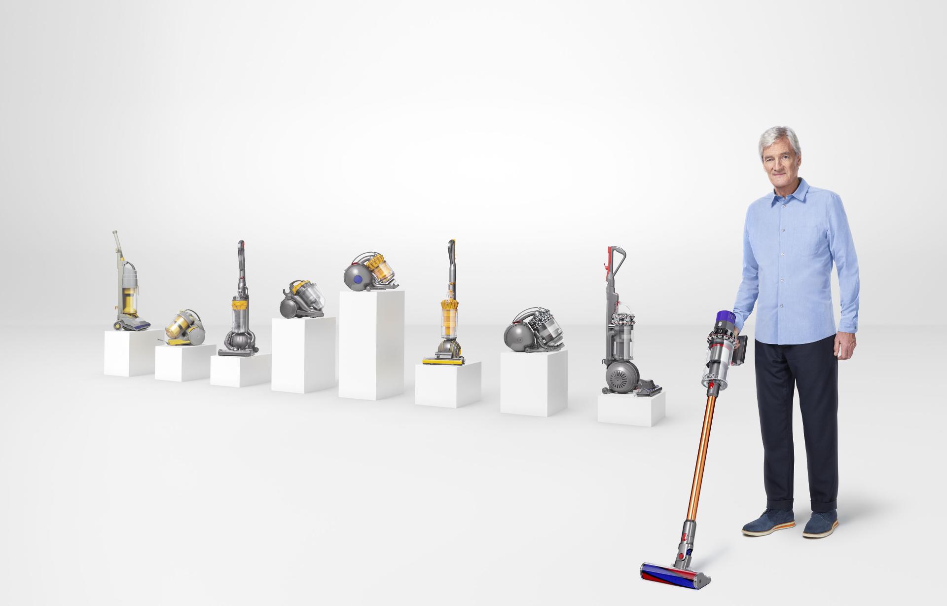 James Dyson with a range of Dyson vacuum cleaners