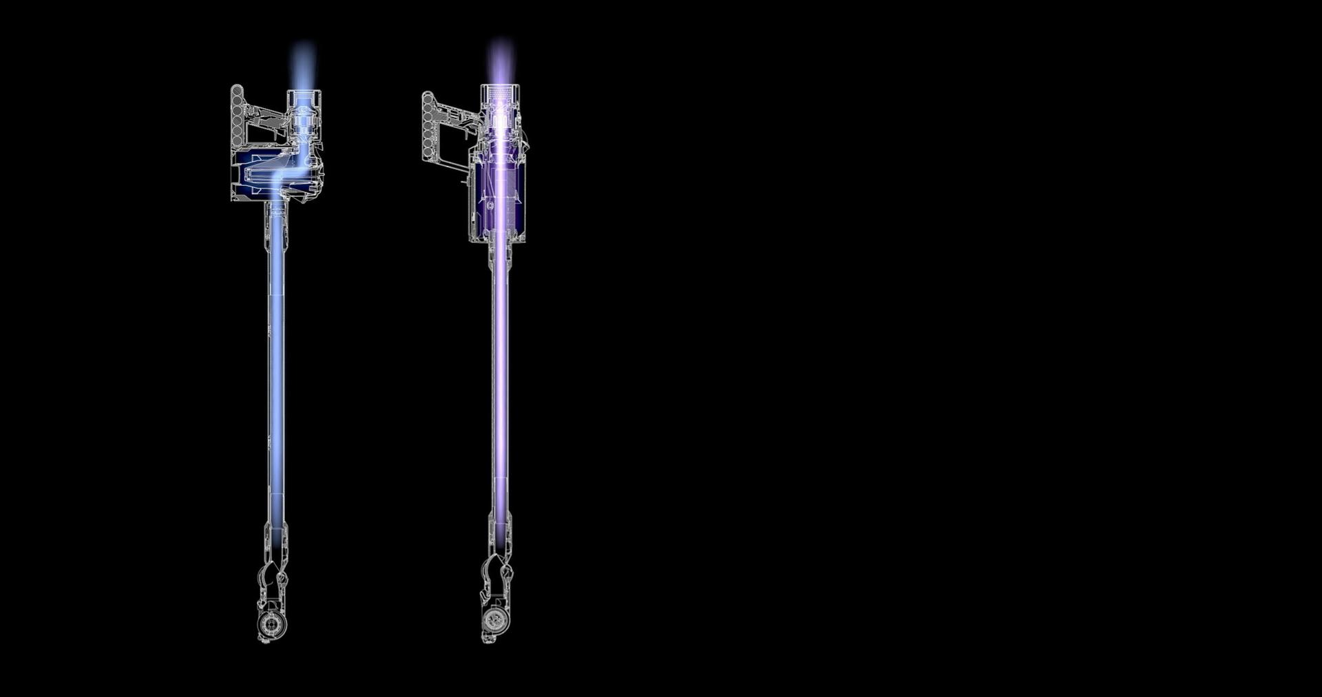Graphic of airflow comparison through Dyson V8™ vacuum and Dyson Cyclone V10™ vacuum