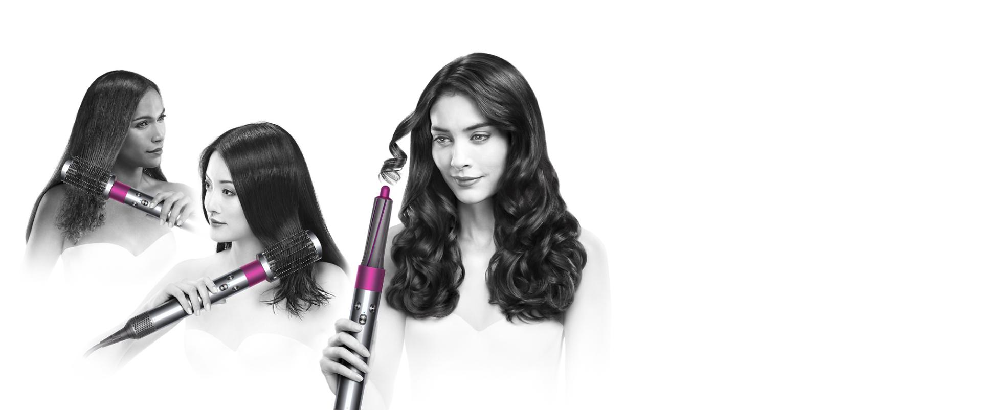 שלוש דוגמניות משתמשות במעצב השיער dyson airwrap עם אביזרים שונים