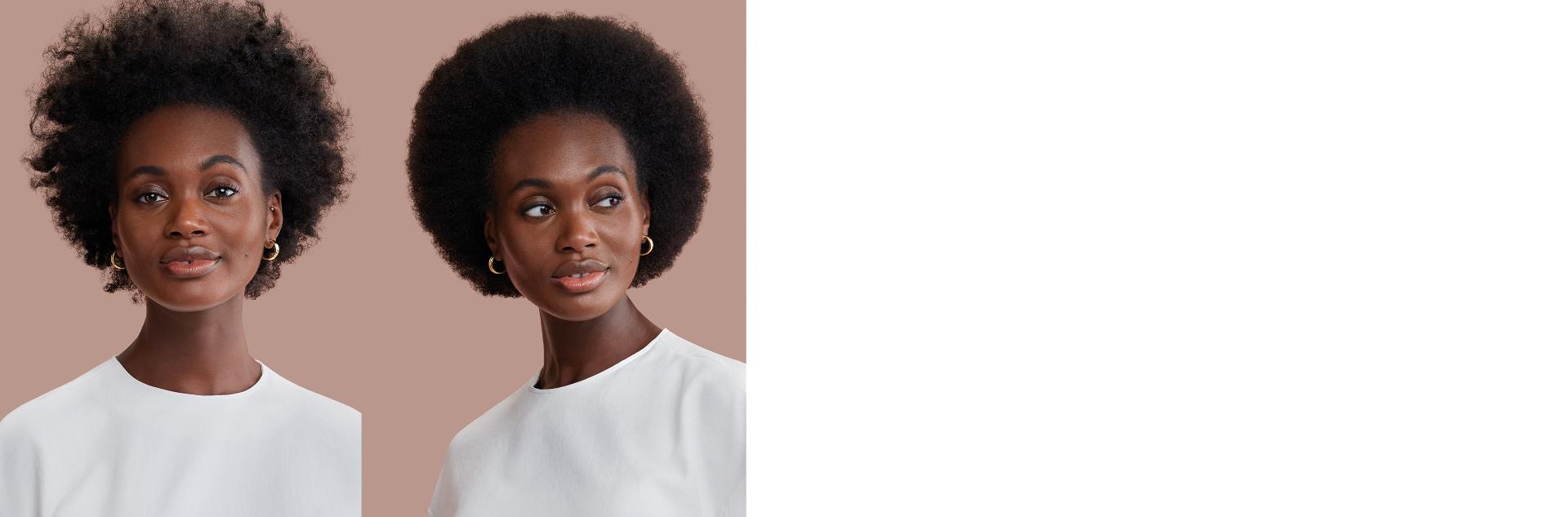 قبل وبعد عارضة أزياء ذات شعر بني غامق مجعد تم تصفيفه على شكل تسريحة أفريقية.