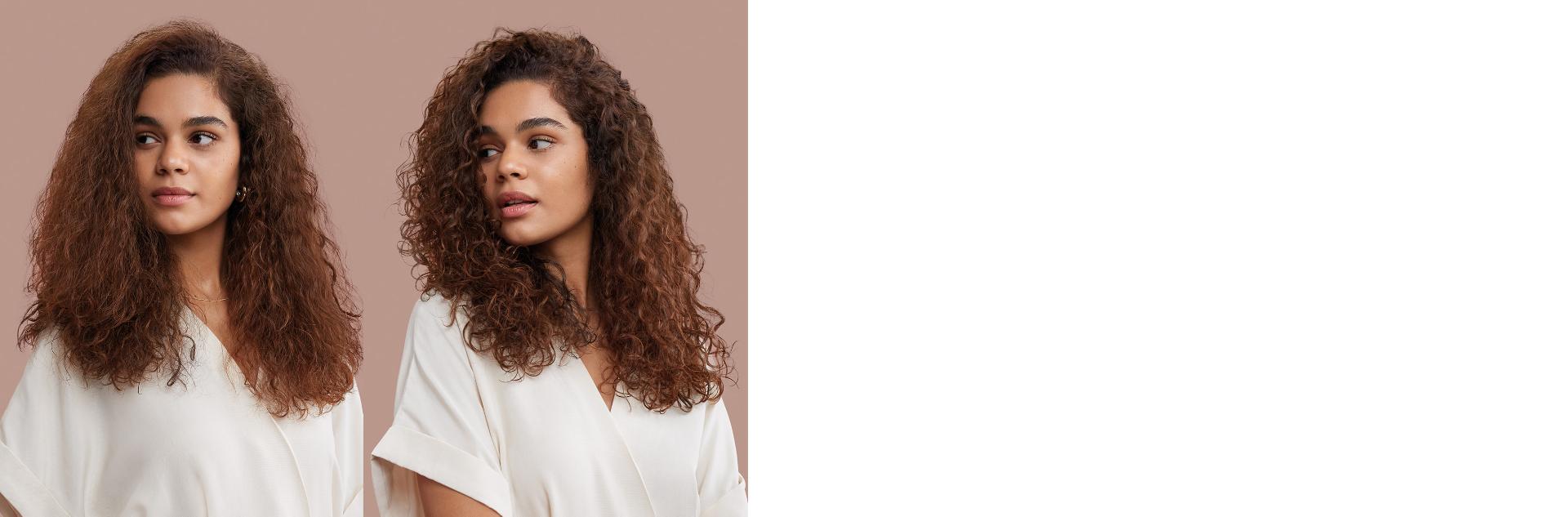 قبل وبعد نموذج ذو شعر مجعد بني فاتح تم تصفيفه في تجعيدات محددة.