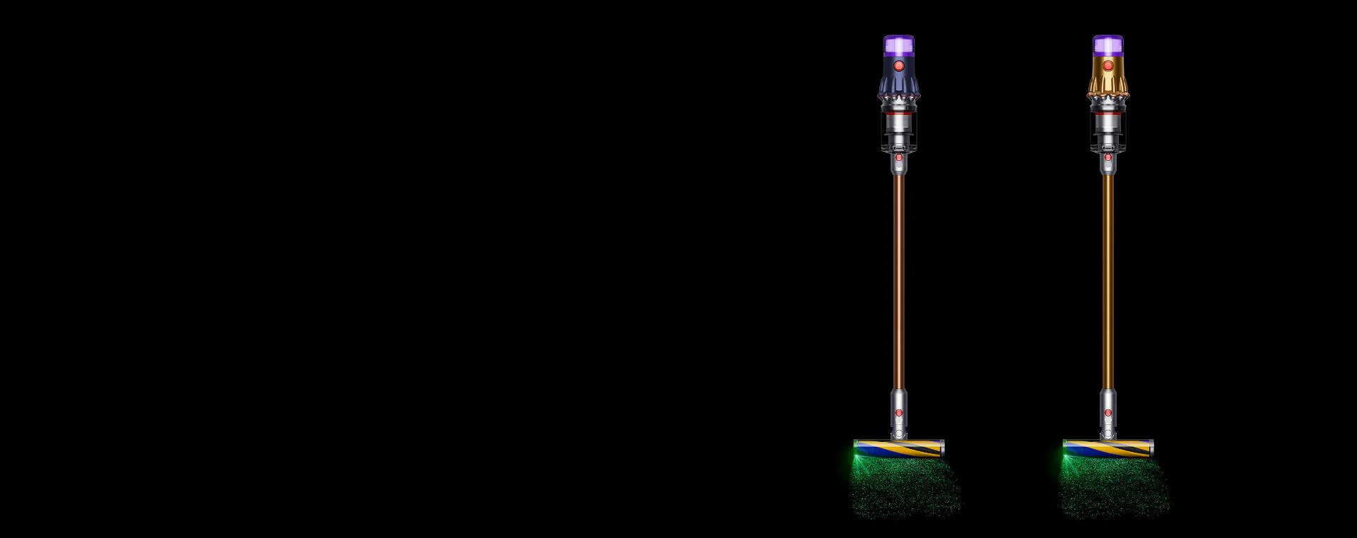 Dyson V12 prussian blue and gold vacuum cleaner on black background