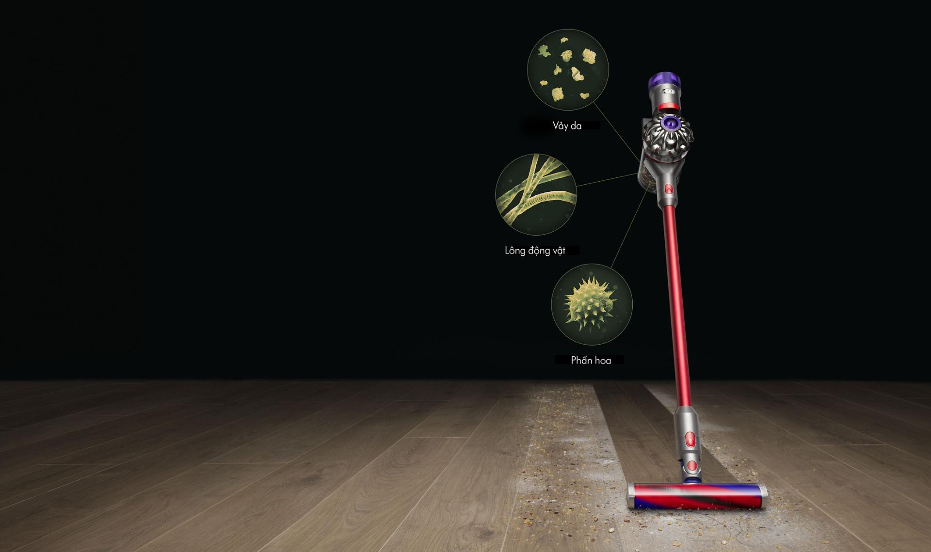 Dyson V8 Slim cleaning cleaning dust from a hard floor