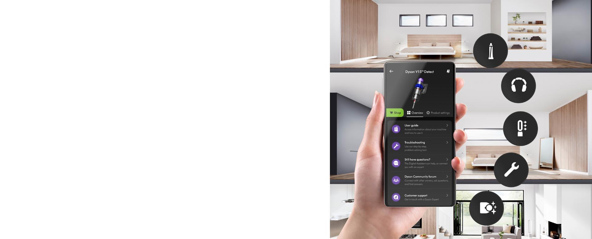 Makine için çeşitli seçenekler sunan MyDyson uygulama ekranını kullanırken telefonunu tutan ürün sahibi.