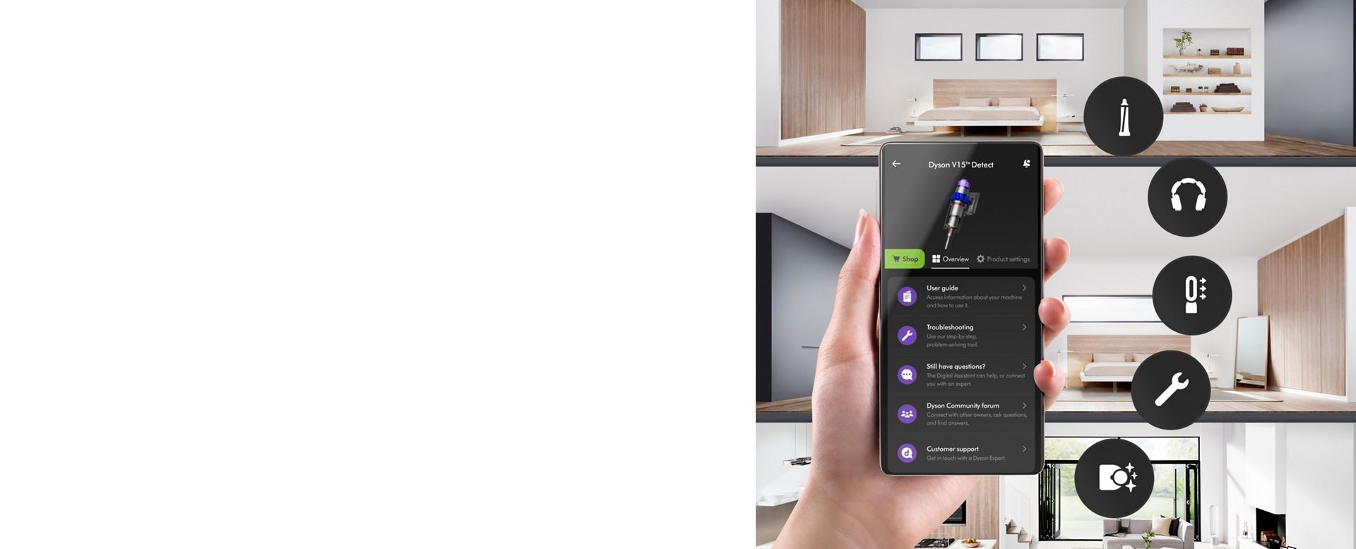 Owner holding their phone with the MyDyson app screen with varying options to select a machine.