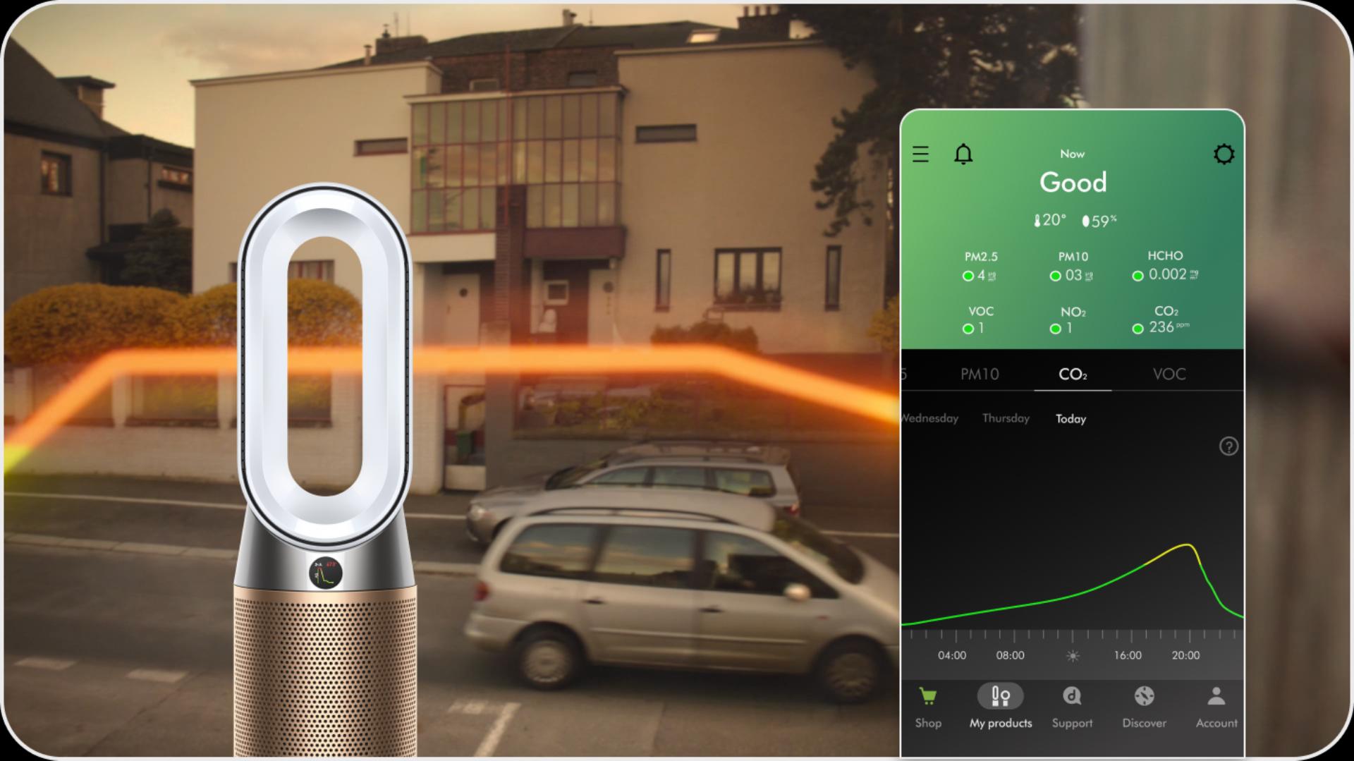 MyDyson uygulamasından Dyson hava temizleyicisinin performansının canlı raporu.