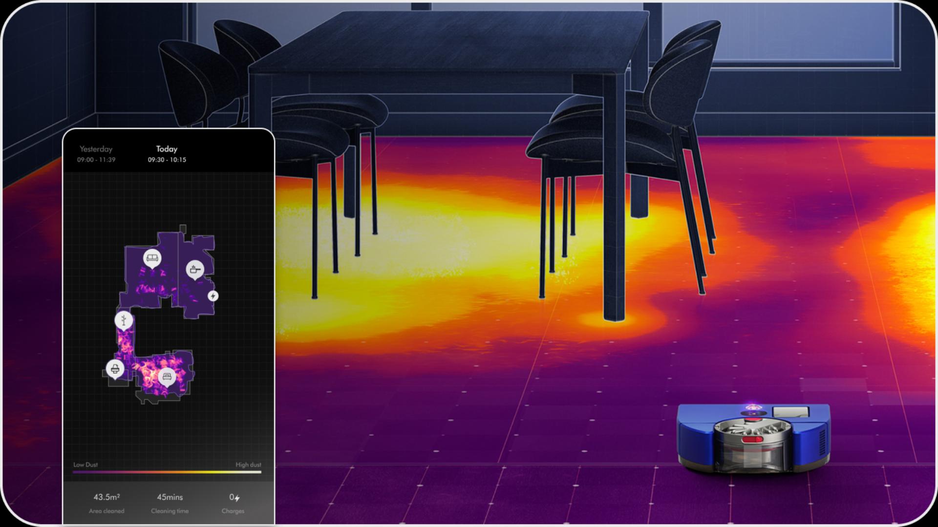 Dyson 360 Vis Nav robot süpürgenin temizlediği yerlerin ısı haritası.