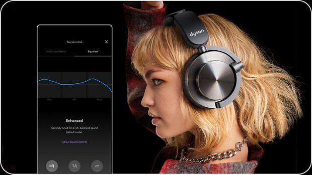 Side profile of an owner listening to their Dyson OnTrac headphones with the Enhanced settings on their sound control on the MyDyson app.