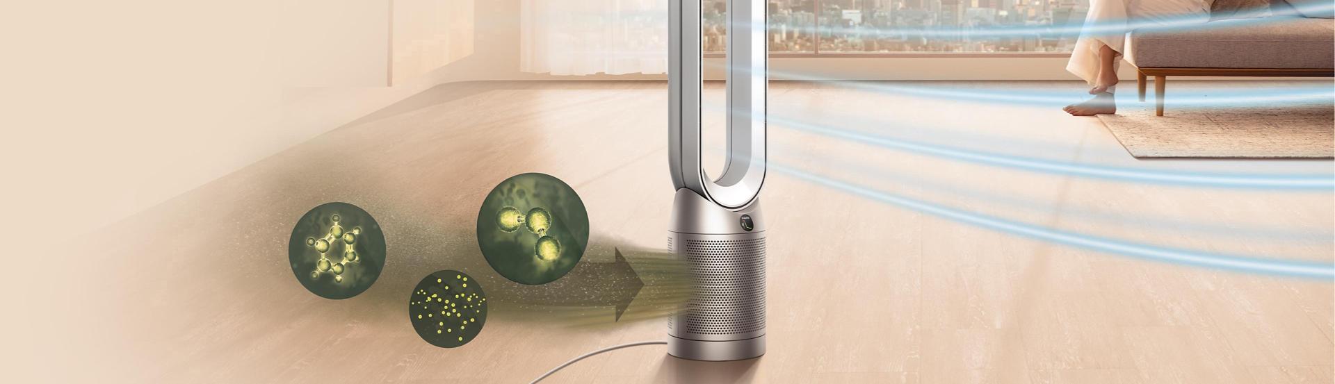 A Dyson Purifier cleans air in a room with graphic overlays showing the airflow and contaminants being removed from the air.