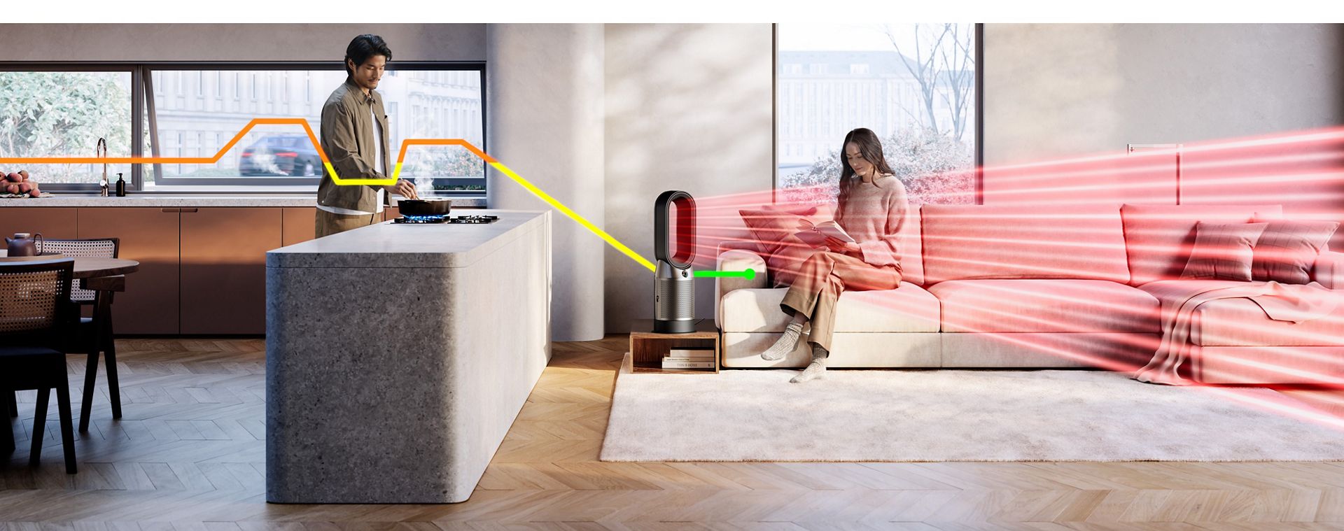 The Purifier Hot+Cool HP1 purifying air while heating a room.