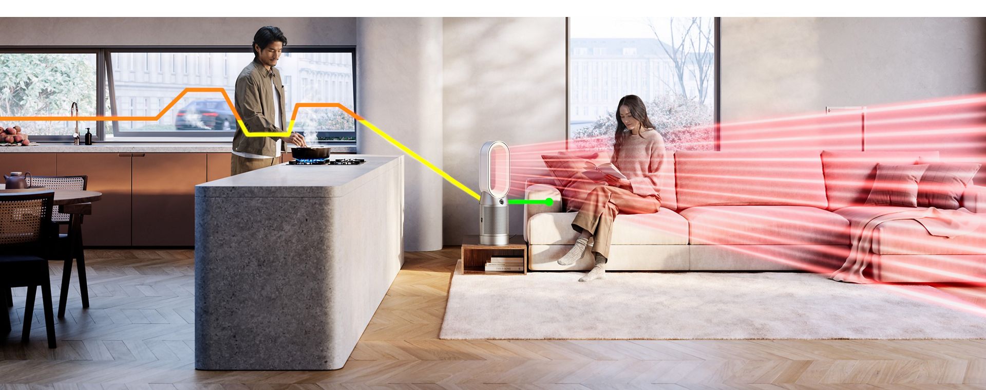 The Purifier Hot+Cool HP1 purifying air while heating a room.