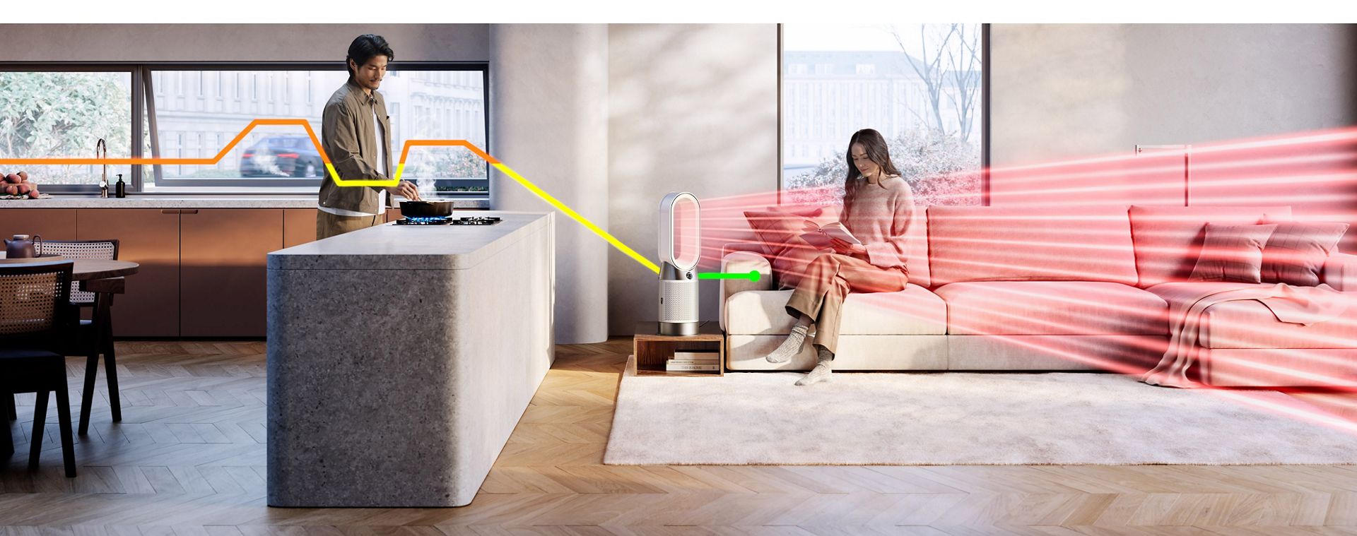 The Dyson Purifier Hot+Cool HP1 purifying air while heating the room.