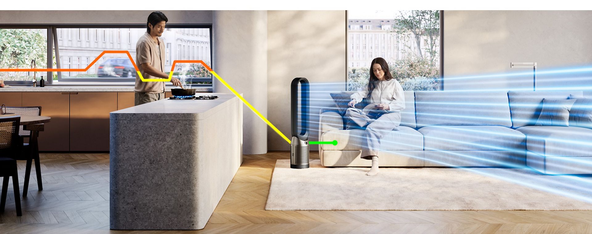 The Dyson Purifier Cool PC1 purifying air in a room while delivering a cool breeze.