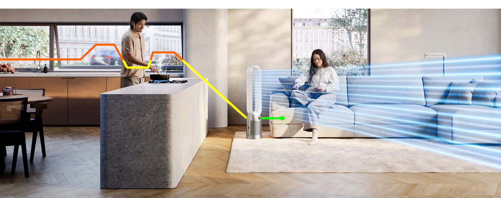 The Dyson Purifier Cool PC1 purifying air in a room while delivering a cool breeze.