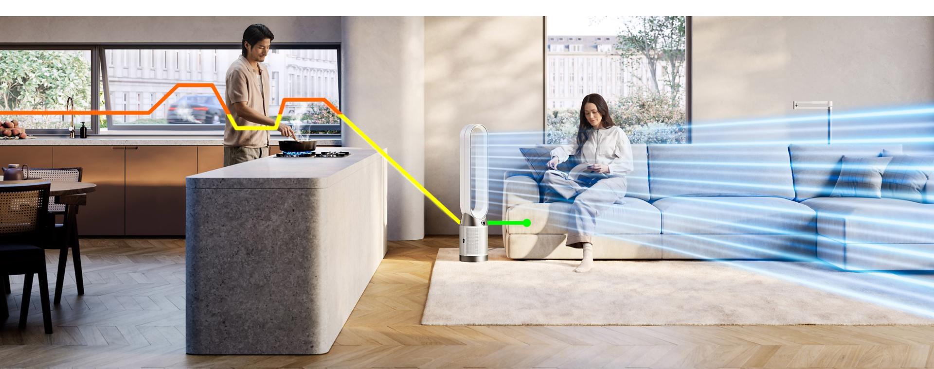 The Dyson Purifier Cool PC1 purifying air in a room while delivering a cool breeze.