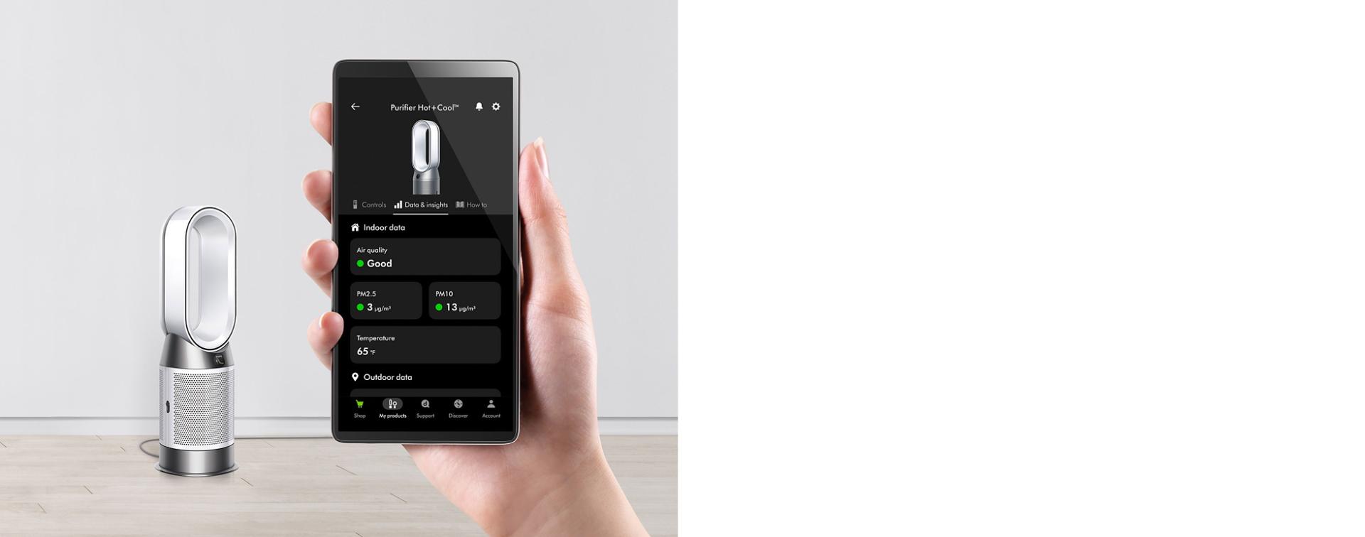 The Dyson Purifier Hot+Cool HP1 air purifier being controlled via the MyDyson app on phone.